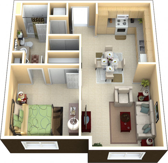 Floor plan for 1 bed, 1 bath, 656 sqft